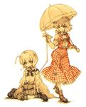  antennae arai_kuma ascot bad_id bad_pixiv_id collar kazami_yuuka leash multiple_girls parasol pet_play plaid plaid_skirt plaid_vest sepia short_hair skirt skirt_set spot_color touhou umbrella vest white_background wriggle_nightbug 