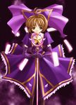  ahoge card card_with_aura cardcaptor_sakura elbow_gloves floating_card gloves hat hoshi_no_tsue kinomoto_sakura magical_girl nagare_hyougo purple_gloves purple_hat solo staff 