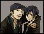  arm_around_neck artist_request baseball_cap black_hair hat iori_junpei jewelry male_focus multiple_boys necklace one_eye_closed persona persona_3 smile source_request yuuki_makoto 