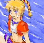  artist_request blonde_hair blue_eyes chrono_cross collarbone high_ponytail jacket jewelry kid_(chrono_cross) looking_at_viewer lowres midriff multi-tied_hair navel necklace open_clothes open_jacket pearl_necklace ponytail short_sleeves solo stomach 