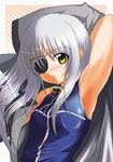  armpits bare_shoulders blush cinque_(nanoha) eyepatch long_hair lyrical_nanoha mahou_shoujo_lyrical_nanoha_strikers numbers_(nanoha) sansyodo silver_hair solo stretch upper_body yellow_eyes 