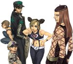  3boys aqua_eyes bad_id bad_pixiv_id bare_shoulders baseball_uniform biceps black_hair blonde_hair blue_eyes brown_hair child clothes_writing double_bun emporio_alnino foo_fighters gakuran hand_in_pocket hands_on_hips hat icym jojo_no_kimyou_na_bouken kuujou_jolyne kuujou_joutarou lipstick long_coat long_hair makeup midriff multicolored_hair multiple_boys multiple_girls narciso_anasui navel overalls pants school_uniform snakeskin_print sportswear stone_ocean wristband 