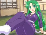  breasts d_kurouri ganbare_goemon green_eyes green_hair large_breasts ninja panties smile solo translation_request underwear yae_(ganbare_goemon) 