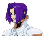  androgynous armor lowres miang_hawwa official_art purple_eyes purple_hair short_hair simple_background solo tanaka_kunihiko white_background xenogears 
