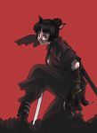  animal_ears armor black_hair g-room_honten japanese_clothes katana mole mole_under_eye ninja original red_background short_hair simple_background solo sword weapon 