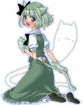  animal_ears bad_id bad_pixiv_id blush cat_ears cat_paws cat_tail ghost gloves kemonomimi_mode kneeling konpaku_youmu konpaku_youmu_(ghost) looking_back midori_(green_tea) paw_gloves paws ribbon short_hair solo tail touhou 