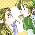  1girl artist_request blonde_hair blush couple face food gloves hetero link lowres oekaki pizza pointy_ears princess_zelda shared_food the_legend_of_zelda 