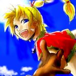  :d artist_request blonde_hair blue_eyes brown_gloves chrono_cross gloves jacket kid_(chrono_cross) looking_at_viewer lowres multi-tied_hair open_mouth outstretched_arms ponytail red_jacket short_sleeves smile solo 