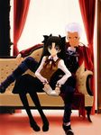  1girl archer black_hair blue_eyes book couch dark_skin dark_skinned_male fate/stay_night fate_(series) highres long_hair non-web_source pantyhose shirotsumekusa sitting toosaka_rin white_hair window 