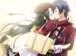  1boy 1girl black_hair blush couple game_cg hat hetero hug kiss long_hair ozawa_yuu satsuki_kakeru school_uniform tachibana_kukuri 