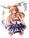  :3 bow brown_eyes highres horns ibuki_suika long_hair mouth_hold one_eye_closed orange_hair saber_01 solo touhou 