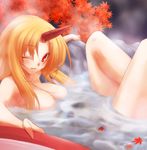  47agdragon bath breasts cup horn hoshiguma_yuugi large_breasts leaf long_hair maple_leaf nude one_eye_closed onsen sakazuki solo touhou 