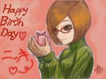  bad_id bad_pixiv_id bob_cut brown_eyes brown_hair ceramic_man gift glasses green_shirt happy_birthday lips medium_request nikki_(swapnote) red-framed_eyewear ribbed_sweater shirt short_hair smile solo swapnote sweater turtleneck 