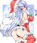  ass black_panties blue_hair blush breasts covered_nipples hat impossible_clothes kamishirasawa_keine large_breasts long_hair panties red_eyes sack santa_costume santa_hat side-tie_panties solo tanaka_ginji touhou underwear 