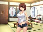  bare_shoulders bedroom blush breasts brown_hair calendar large_breasts looking_at_viewer navel red_eyes short_hair shorts solo standing sweat table translation_request wardrobe 