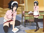  1girl amagami black_eyes black_hair blush breasts chair cottage highres looking_at_viewer no_panties open_mouth pantyhose ponytail pubic_hair shoes short_hair skirt skirt_lift smile squatting standing tanamachi_kaoru thighhighs waitress wet 