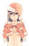  black_eyes black_hair breasts capelet christmas cleavage collarbone duplicate elbow_gloves gloves hat katase_waka long_hair looking_at_viewer medium_breasts midriff navel no_bra original out-of-frame_censoring red_gloves revision santa_costume santa_hat simple_background smile solo white_background 