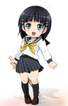  black_hair blue_eyes chibi hair_ornament hairclip harukigenia kirigaya_suguha school_uniform shinai skirt solo sword sword_art_online weapon 