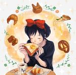  black_hair blush_stickers bread butter cat closed_eyes croissant cup eating food hair_ribbon hairband highres kiki leaf majo_no_takkyuubin omiso_(n0m) pizza ribbon solo studio_ghibli table teacup toast 