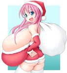  1girl ass bag bare_shoulders blue_eyes blush breasts female gigantic_breasts hat highres kurotsuki_futon long_hair nukunukufuton open_mouth pink_hair santa_costume santa_hat smile thighhighs underwear 