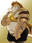  anthro belly biceps big_muscles body_markings bulge chubby clothing dragon drat feline fur grisser hair horn hybrid looking_at_viewer male mammal markings mel musclegut muscles pecs penis pubes shirt shorts smile solo tank_top teasing thenamesmel tiger undressing vein vest whiskers 
