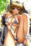  blonde_hair elina erect_nipples higuchi_isami official_art polearm queen&#039;s_blade queen's_blade sausage see-through sling_bikini spear swimsuit weapon 