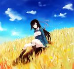  black_hair blue_sky boots breasts brown_hair cloud cross-laced_footwear day field framed_breasts green_eyes hair_ornament highres kirisato_itsuki knee_boots koi_to_senkyo_to_chocolate lace-up_boots medium_breasts school_uniform shinonome_satsuki sitting sky solo tassel wind 