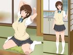  1girl amagami arms_up bow bowtie breasts brown_hair cottage happy highres kitchen kneeling large_breasts looking_at_viewer open_mouth sakurai_rihoko school_uniform short_hair skirt smile socks standing wink 