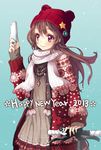  1girl 2013 animal_hat bear_hat bicycle brown_hair cellphone dress ground_vehicle happy_new_year hat jewelry juke long_hair necklace new_year original phone plaid plaid_skirt red_eyes scarf skirt smile snowflakes snowing solo sweater 