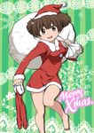  barefoot brown_eyes brown_hair c_(neta) k-on! legwear_removed sack santa_costume short_hair short_twintails suzuki_jun twintails 