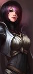  armor black_hair blue_eyes bodysuit breastplate breasts fiora_laurent hair_over_one_eye highres jang_ju_hyeon league_of_legends lips medium_breasts multicolored_hair pink_hair short_hair smile solo 