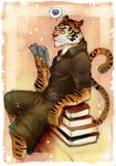  book clothing dialog dialogue eyewear feline fur glasses male mammal orange_fur pockyrumz reading solo text tiger white_fur 