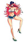  big_hair blue_shorts breasts cleavage denim denim_shorts final_fight full_body high_heels large_breasts legs long_legs midriff no_bra okada_(hoooojicha) pink_hair poison_(final_fight) riding_crop shoes short_shorts shorts simple_background solo street_fighter thighs 