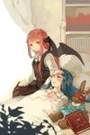  bat_wings bed blue_eyes blue_hair book bookshelf crescent curtains dress frown hand_on_forehead hands_on_own_chest head_wings koakuma long_hair long_sleeves looking_at_another lying mask multiple_girls open_mouth patchouli_knowledge polka_dot polka_dot_dress red_eyes red_hair sick sitting skirt star stuffed_animal stuffed_bunny stuffed_toy touhou under_covers vest wakatsuki_(etoiles) wings 