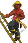  anthro axe biceps boots brown_fur canine chestnuts_(artist) clothed clothing dog firefighter firefighter_boots firefighter_helmet firefighter_uniform fur gus half-dressed hat helmet ladder male mammal muscles nipples pecs pose shoes solo topless uniform weapon 