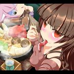  animal_ears bare_shoulders blush bottle bra_strap brown_hair chopsticks cra4 food letterboxed meat multiple_girls mushroom off_shoulder original pink_hair pot red_eyes saliva steam sweater water 