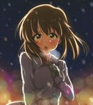  backlighting blurry blush bokeh brown_eyes brown_hair depth_of_field gloves hagiwara_yukiho hand_on_own_chest highres idolmaster idolmaster_(classic) looking_at_viewer open_mouth rariemonn scarf short_hair sky snow solo upper_body 