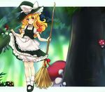  apron bad_id bad_pixiv_id blonde_hair bloomers blush bobby_socks braid broom full_body ginji74 hat kirisame_marisa long_hair mary_janes mushroom shoes side_braid skirt skirt_lift smile socks solo standing touhou tree underwear waist_apron white_legwear witch_hat yellow_eyes 