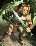  anthro armor biceps claws clothed clothing feline fur grass half-dressed lion male mammal muscles myenia pecs pose rukis scar snarling solo sword topless warrior weapon 