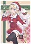 blonde_hair blue_eyes blush cake christmas food fruit hat long_hair open_mouth original ray-akila sack smile solo strawberry thighhighs 
