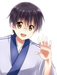  black_hair brown_eyes gintama glasses japanese_clothes kimono male_focus maruki_(punchiki) solo waving 