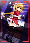  black_gloves blonde_hair christmas fate_testarossa gloves long_hair lyrical_nanoha mahou_shoujo_lyrical_nanoha recording red_eyes santa_costume solo tanaka_hitoriaruki thighhighs twintails viewfinder 