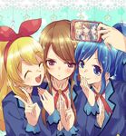  aikatsu! aikatsu!_(series) blonde_hair blue_eyes blue_hair blush brown_hair cellphone closed_eyes girl_sandwich group_picture hair_ribbon hoshimiya_ichigo kiriya_aoi long_hair looking_at_viewer multiple_girls phone ponekusan purple_eyes ribbon sandwiched shibuki_ran smartphone smile v 