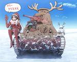  animal_costume antlers black_hair breasts caterpillar_tracks christmas cleavage cosplay earasensha gift ground_vehicle hat large_breasts merry_christmas military military_vehicle motor_vehicle on_vehicle original reindeer reindeer_antlers reindeer_costume santa_costume snow snowman tank thighhighs type_95_ha-gou 