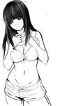  bangs blunt_bangs bra breast_squeeze breasts cleavage curvy greyscale large_breasts long_hair midriff monochrome navel original shirt_lift sho-n-d shorts sketch smile solo straight_hair underwear 