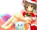  ahoge bad_id bad_pixiv_id barefoot black_hair blush bow brown_eyes full_body gloves hat idolmaster idolmaster_cinderella_girls kohinata_miho midriff mouth_hold okemai ribbon santa_hat short_hair sitting skirt solo 