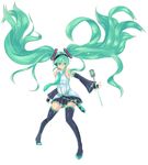  boots detached_sleeves fingerless_gloves floating_hair gloves green_eyes green_hair hatsune_miku headset kuga_zankurou long_hair microphone necktie simple_background skirt smile solo thigh_boots thighhighs twintails very_long_hair vocaloid wand white_background 