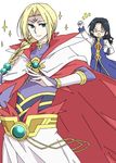  2boys aqua_eyes black_hair blonde_hair braid cape glasses hugo_gilchrist jewelry long_hair male male_focus miktran multiple_boys open_mouth pants sparkle sparkles tales_of_(series) tales_of_destiny 