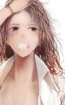  bracelet brown_eyes brown_hair cigarette freckles grin hand_in_hair jewelry long_hair looking_away open_clothes open_shirt original sakimori_(hououbds) shirt simple_background smile smoking solo 