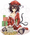  :o ? alternate_costume animal_ears black_legwear bra_strap brown_eyes brown_hair cat_ears cat_tail caution_tape chen christmas collarbone gift hat highres monikano multiple_tails off_shoulder remote_control_vibrator santa_costume short_hair sitting solo strap_slip tail thighhighs touhou unwrapping vibrator wariza yellow_eyes 